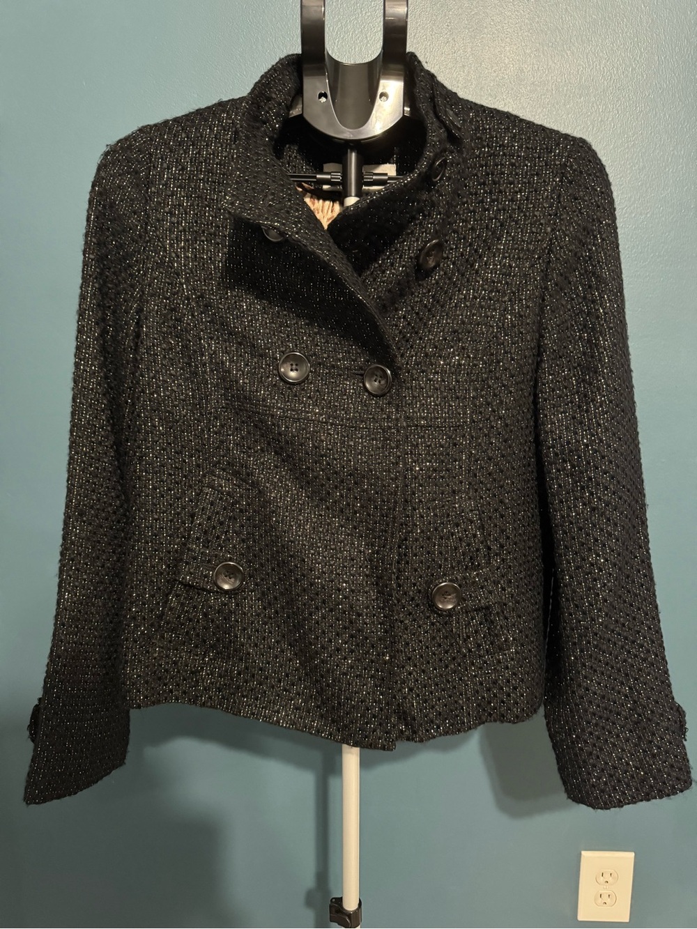 Steve Madden Cropped Pea Coat Black & Gold Tinsel Tweed